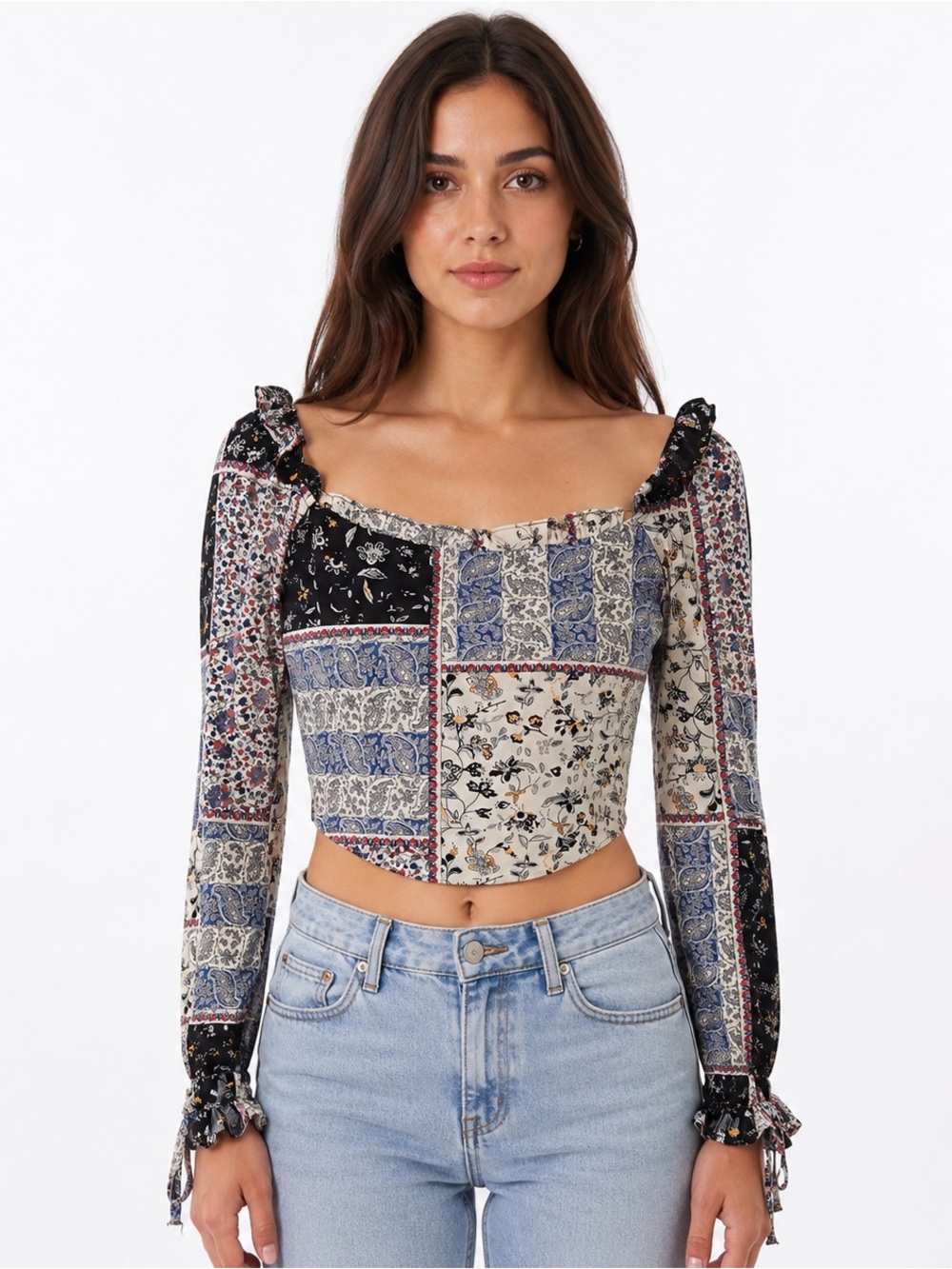 French Kiss Large Patchwork Paisley Crop Top Long Sleeve Boho Y2K Festival